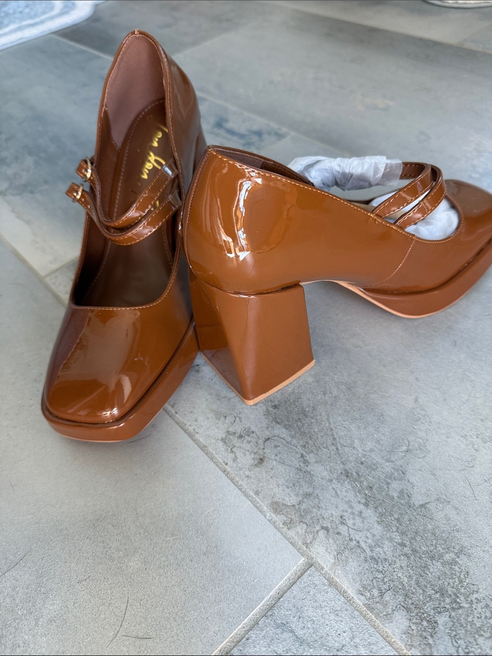 Patent Mary Jane Block Heel Pumps - Brown